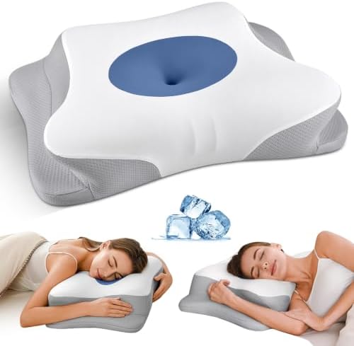 Cervical Pillow for Neck Pain Relief, Ergonomic Neck Pillow for Sleeping, Orthopedic Contour Side Sleeper Pillow for Neck Support, Memory Foam Pillows for Back Stomach Sleepers (Dark Blue&White)