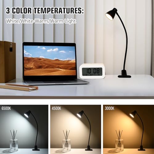 2 Pack Clip Desk Lamp, Ultra-Flexible Gooseneck Clip Reading Lights, 3000K-6500K Adjustable Color Temperature & Brightness, 6W Eye-Care LED for Office, Study, Bedside(USB Adapter Included)