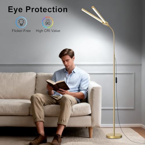 Gold Floor Lamp, 18W/2000LM Bright LED Floor Lamp for Living Room Office, Adjustable Gooseneck Dimmable Standing Task Lamp for Reading, Study, Arts, Eye Caring Craft Light for Sewing Tatoo Puzzle