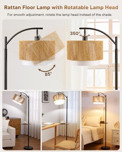 PESRAE Rattan Floor Lamp for Living Room, Farmhouse Arc Standing Lamp
