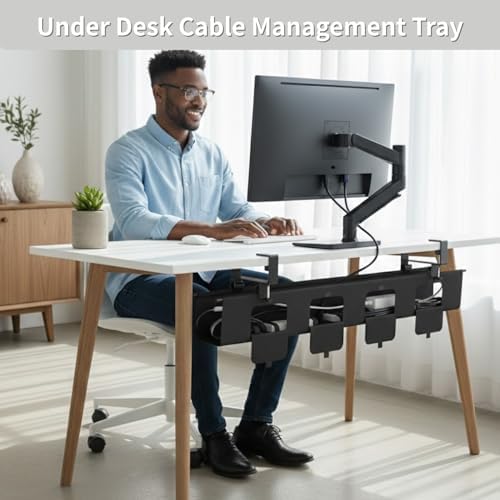 No Drill Under Desk Cable Management Tray, 47.5” Fabric Clamp Mount
