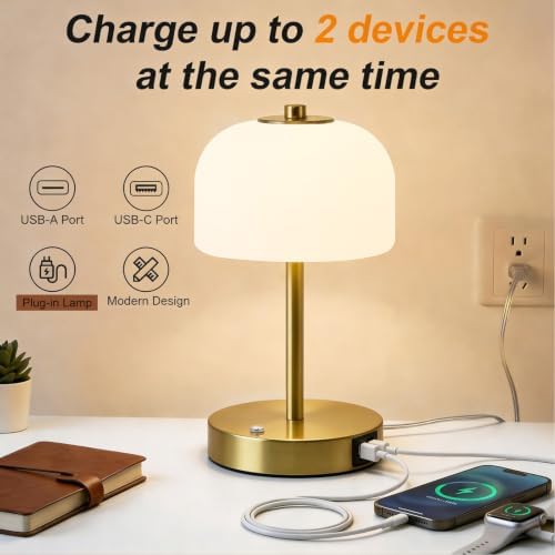 Oneach 9" Corded Touch Control Gold Table Lamp with USB A+C Charging Ports, Dimmable LED Bedside Lamp with 3 Color Temperatures, Small Modern Table Lamps for Bedroom Nightstand Living Room