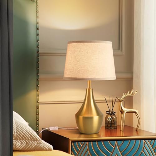 Brass Gold Table Lamps Set of 2, 19.3" Modern Bedside Table Lamp for Bedroom Nightstand, Cute Table Lamps for Living Room, Office Desk, End of Table