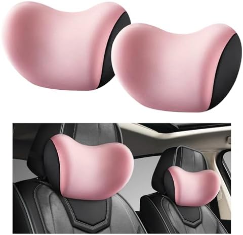 2 PCS Car Headrest Cushion, Ergonomic Memory Foam Car Neck Back Support w/Removable Cover, Universal Breathable Lumbar Cushion Headrest Pillow with Adjusatble Strap (Pink)
