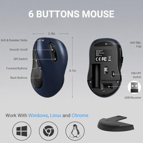 WisFox 2.4GHz Wireless Mouse for Laptop, Ergonomic 6-Button, Matt Gray