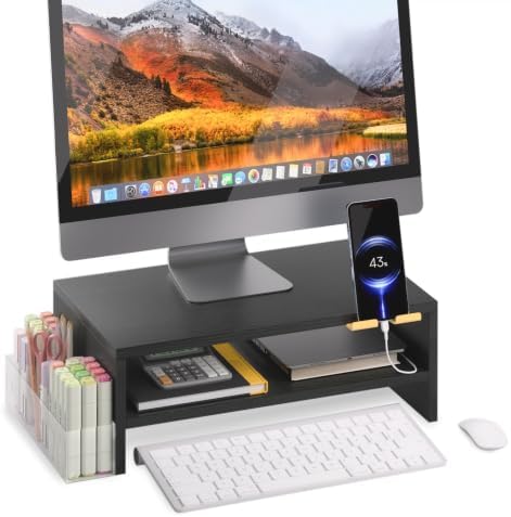 TEAMIX 2 Tiers Wood Monitor Stand Riser with Phone Holder & Side Pen Holder