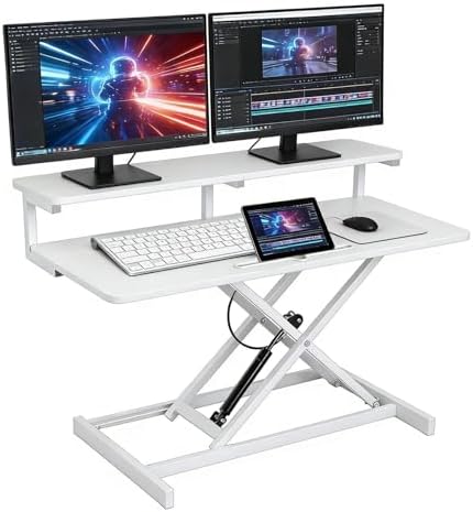 37" Standing Desk Converter with Pneumatic Single-Button Lift, Adjustable Desk Riser for Two Monitors & Laptop, Height Range 10.2-24.8", 39.68 Lb Load, 37" Main + 9" Secondary Desks