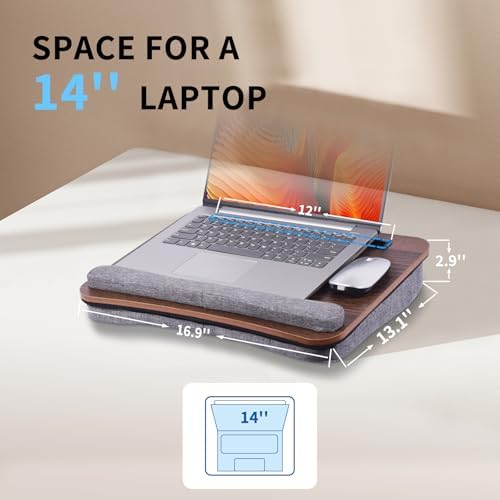 Home Office Lap Desk with Wrist Rest Laptop Bed Desk for Notebook, Laptop, Tablet, Lap Stand with Tablet, Phone Holder Fits Up to 14 Inch Laptops (Brown)