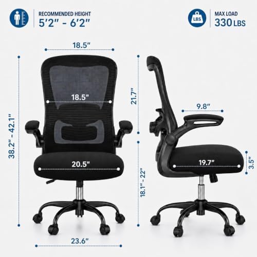 Ergonomic Office Chair for Long Hours, Adjustable Padded Lumbar Support for Lower Back Relief, 330 lb Capacity, Comfortable Computer Desk Chair for Home Office, Work & Study