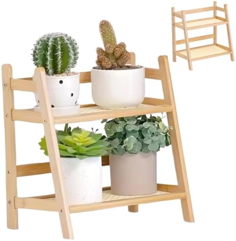 Desktop Organizer, Desk Organizer Shelf, 10.6x7.1x11.2 Inch 2 Tier Rattan Wood Desktop, Flower Pot Stand for Office, Home
