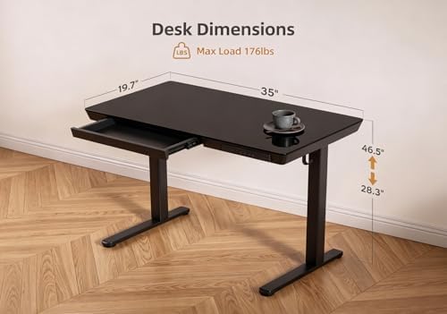 Claiks Small Glass Standing Desk with Drawers & USB Ports 35x19 Black