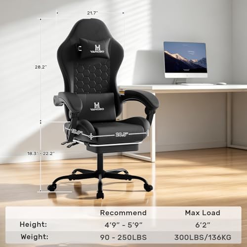 Gaming Chair, Computer Office Chair with Footrest, Adjustable Height & Backrest Gaming Chairs with Swivel for Adults, High Back PU Leather Ergonomic Chair with Lumbar Support, Black