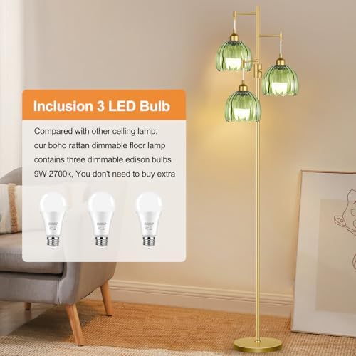 ZECOXOL Gold Floor Lamps for Living Room-3 Light Brass Floor Lamp with Three Bulbs & Glass Lampshape, Mid Century Modern Standing Lamp Tree Tall Flower Floor Lamp for Bedroom Living Room,Corner