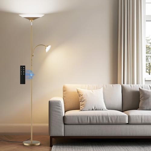 SIBRILLE Gold Torchiere Floor Lamp - 2 Way LED Standing Lamp with Reading Light, Dimmable 72'' Tall Lamp with Remote Color Changing, 34W Mordern Uplighter for Living Room Bedroom Office