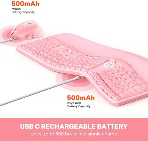 MEETION Ergonomic Keyboard and Mouse Combo, Split Wireless Design, Pink