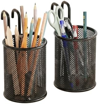 Metal striped cup with hook and loop, pencil cartridge, wall organizer, craft accessories, garage, home, office storage (black/white, square/round) (black1)