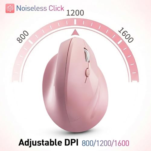 Wireless Ergonomic Mouse, Bluetooth and 2.4GHz USB-A Wireless Vertical Mouse, 800/1200/1600 Adjustable DPI, Quiet Clicks,6 Buttons, Compatible for Laptop/MacBook/PC/Desktop-Pink
