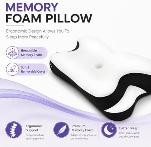 Cervical Neck Pillow for Side Sleepers, Ergonomic Memory Foam Pillow for Neck & Shoulder Pain Relief, Cooling Orthopedic Bed Pillow with Removable Cover