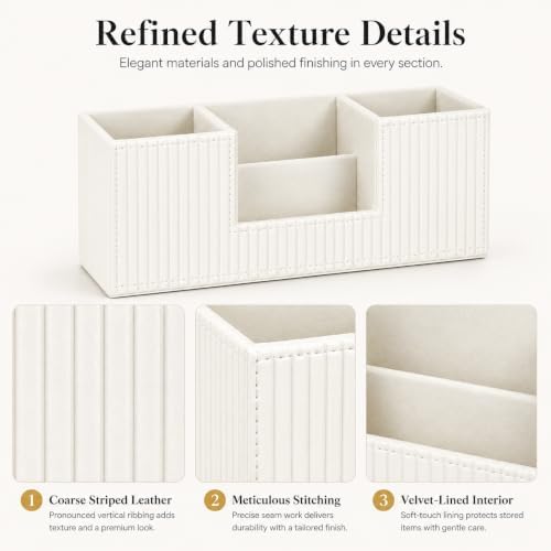GORESE Pen Organizer for Desk, PU Leather Office Pen Holder, Ivory White