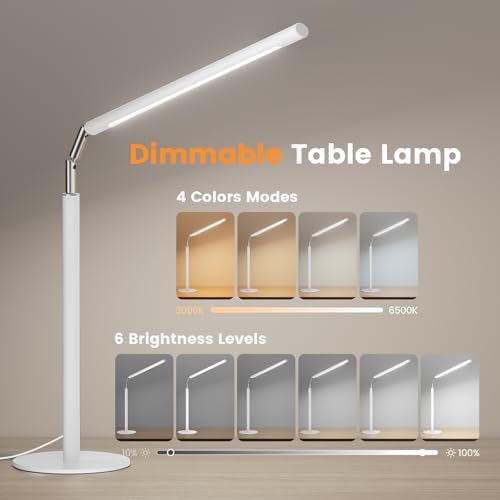 SIBRILLE White LED Desk Lamp, 16" Dimmable Metal Desk Light with Base, 15W 1200LM, Adapter Included, Color & Brightness Adjustable, Modern Tall Table Lamp for Home Office Reading Study Task Laptop