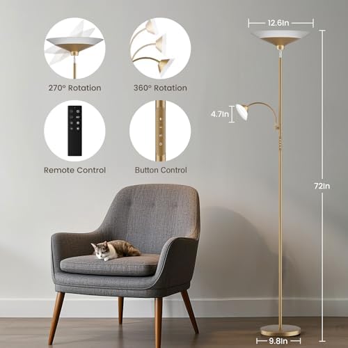 SIBRILLE Gold Torchiere Floor Lamp - 2 Way LED Standing Lamp with Reading Light, Dimmable 72'' Tall Lamp with Remote Color Changing, 34W Mordern Uplighter for Living Room Bedroom Office
