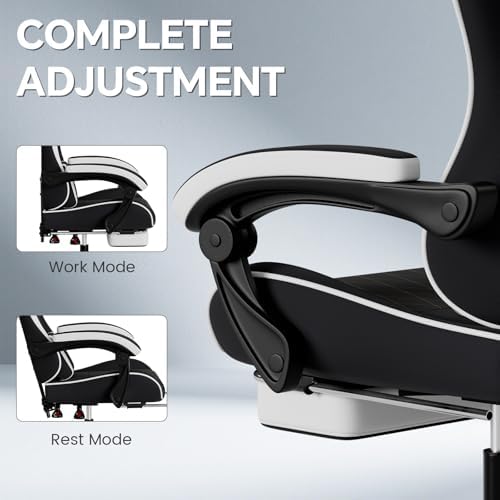 Breathable Fabric Gaming Chair with Footrest, Ergonomic High Back Computer Chair with Gold Diamond Stitching, Height Adjustable Swivel Office Chair with Lumbar Support for Adults,Blackwhite