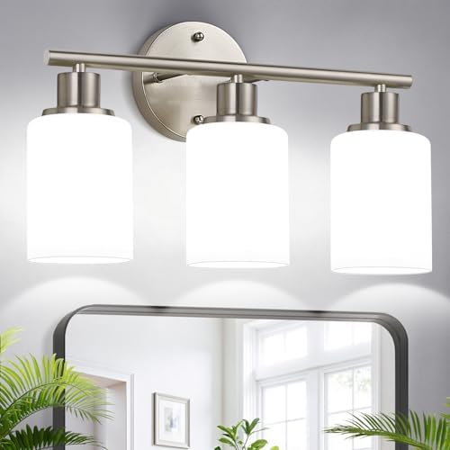 Zarbitta 3-Light Bathroom Light Fixtures, Brushed Nickel Vanity Light, Farmhouse Wall Lights with Milky White Frosted Glass Shades, Bathroom Wall Lamp for Mirror Kitchen Bedroom Hallway Living Room