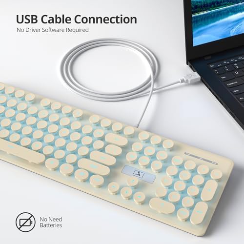 surmen Cute Quiet Keyboard Wired Retro Typewriter, Full Size Soft Keyboards with Number Pad, Round Keys, Backlit USB for Office, Desktop, Laptop (Beige)