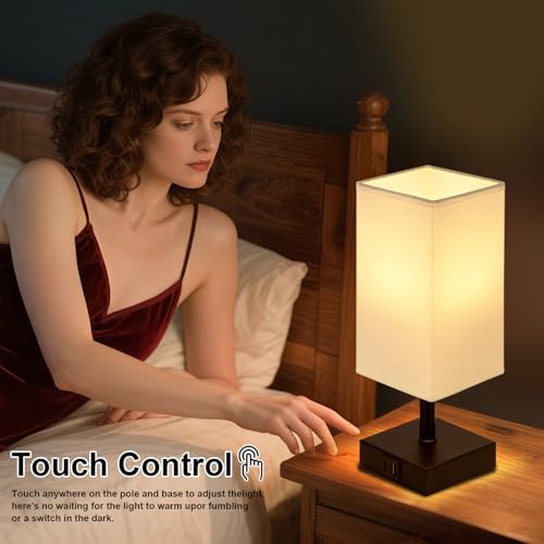 Touch Table Lamp for Bedroom - Dimmable, USB C+A, White Lamphade Black Base