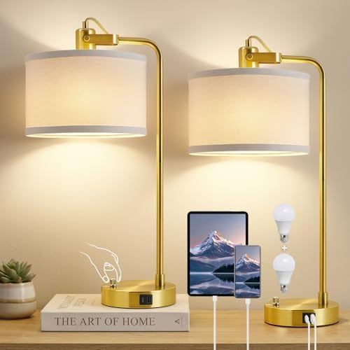 Gold Table Lamp Set of 2, USB A+C, 180° Adjustable Bedside Lamps, Dimmable
