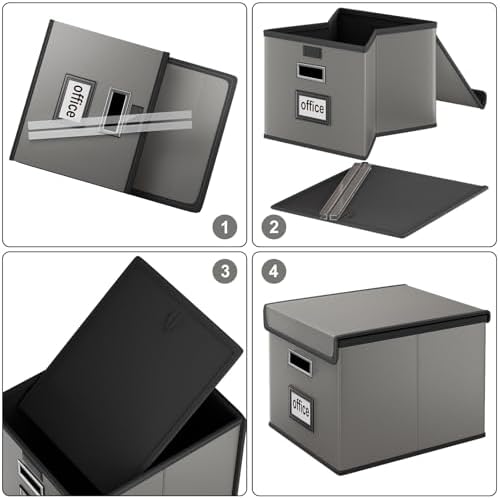 Foldable File Organizer Box with Lids (4 Pack, Dark Gray, Leather)