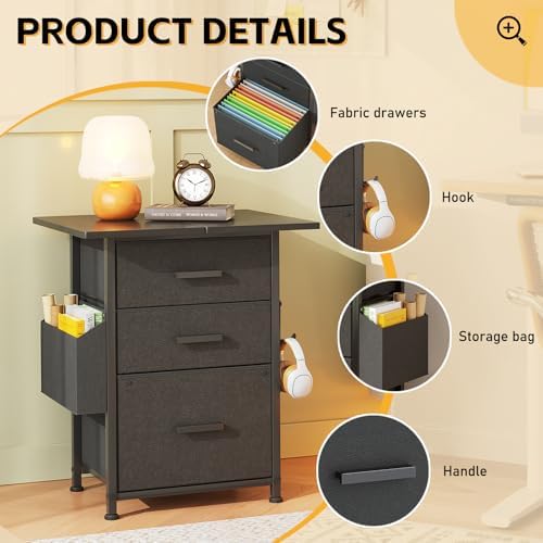 3-Drawer Mobile File Cabinet with 22" Wide Printer Stand, Fabric Under Desk Filing Cabinet with Side Bag & Headphone Hook, Fits Letter/A4 Size Hanging File Folders, Rolling Home Office Organizer,Black