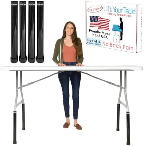 Lift Your Table® Folding Table Risers - Bar Height (Movable Foot) - Made in the USA, Heavy Duty, Sturdy, Portable, Easy-to-Use Extensions Raise Bent Leg Folding Tables (Set of 4)