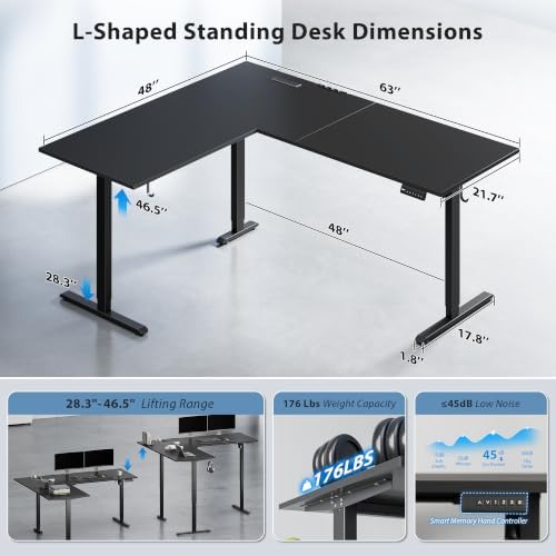 63 Inch L Shaped Electric Standing Desk, Corner Workstation, Black