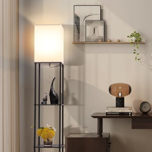 Gupuzm Floor Lamp with Shelves, Modern Square Standing Lamp with 3 Color Temperature Bulb, Corner Display Bookshelf Lamp for Living Room, Bedroom and Office (Black)