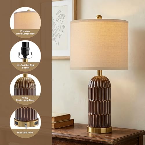 OYEARS 22.5" Bedside Table Lamps Set of 2, Farmhouse Table Lamp with USB A+C Charging Ports, Vintage Nightstand Lamp for Bedrooms and Living Rooms, Mid Century Modern End Table Lamp, Brown and Gold