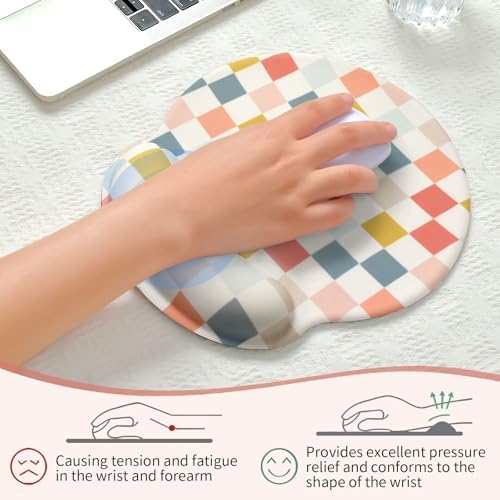Retro Checkered Mouse Pad with Support Wrist Rest,Cute Funny Boho Ergonomic Mouse Pad with Non-Slip Base for Office Gaming Working Computers,Desk Accessories Pain Relief,Colorful