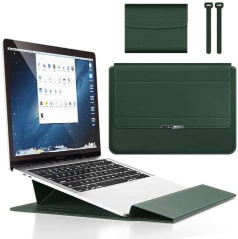 4 in 1 Ergonomic Workstation Set - Foldable Laptop Sleeve and Stand, Premium Leather Portable Computer Riser for 11-17 Inch Laptops, Waterproof Travel Organizer with Cooling Design (Green,13-14")