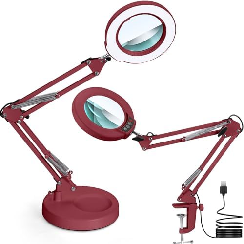 12X Magnifying Glass with Light and Stand, Upgrade Button 5 Color Modes Stepless Dimmable, 2-in-1 LED Lighted Magnifier Light, Hands Free Desk Lamp with Clamp for Craft Hobby Close Work - Red
