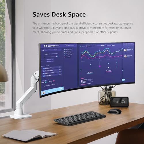 BEWISER Heavy Duty Monitor Arm Mount for 34-49 inches and Ultra 57 inches Screens,Weight Capacity Up to 44 lbs,Full Motion Height Swivel Adjustable Monitor Arm(White)