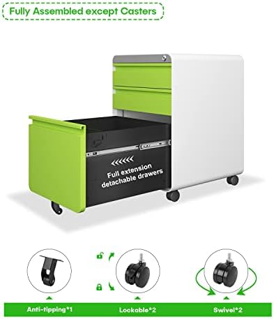 Dripex 3 Drawer Metal Rolling File Cabinet Under Desk Filing Cabinet Green