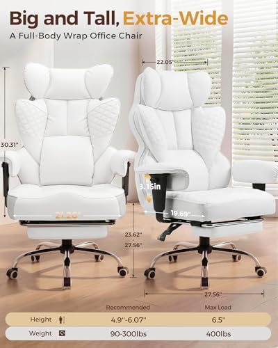 COMHOMA Big and Tall Office Chair Heavy Duty Gaming Chair with Deluxe Embossing Leather High Back Wider Ergonomic Computer Chair with Foot Rest 145°Reclining Pocket Spring Lumbar Support