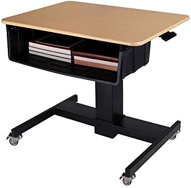 Rocelco 28" Height Adjustable Mobile School Standing Desk with Book Box Bundle- Quick Sit Stand Up Home Computer Workstation - Gas Spring Assist Office Laptop Riser Cart - Wood Grain (R MSD-28-BB)