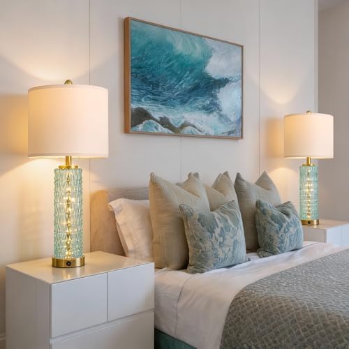 Oneach 27.75" Coastal Blue Table Lamps Set of 2 with Nightlight for Bedside