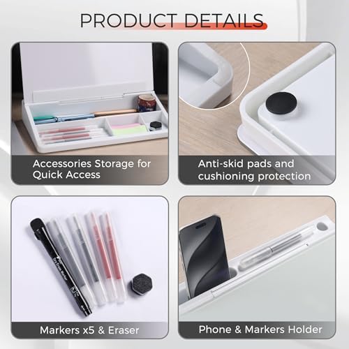 TOWON Compact Glass Desktop Whiteboard with Storage 12x7 in, White