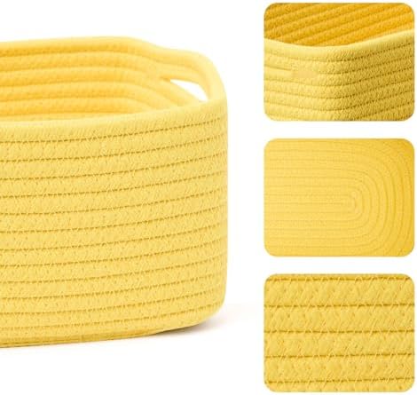 MiniArk Small Storage Baskets for Organizing | Closet Organizer Bins | Shelf Toy Basket | Woven Rope Baskets | Cube Decorative Box | Shallow Basket | 13x8.5x5.1” | 4 Packs Yellow