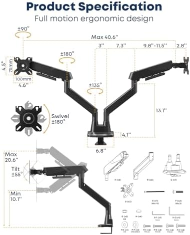 Dual Monitor Arm fits 17-35 inch Heavy Duty Flat/Curved Monitors