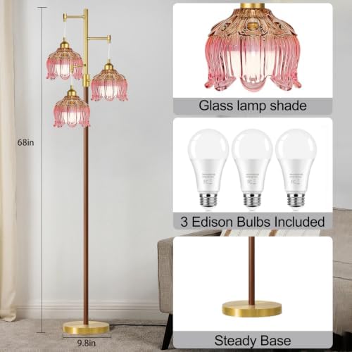 Vintage Floor Lamps for Living Room 3 Light Glass Floor Lamp with Pink Glass Lampshape, Dimmable Flower Floor Lamp Gold Mid Century Modern Standing Lamp Tall Tree Wood Floor Lamp for Bedroom Corner