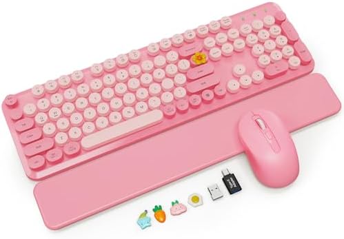 Wireless Keyboard and Mouse Combo, Magnetic Wrist Rest, Round Keycaps, Pink