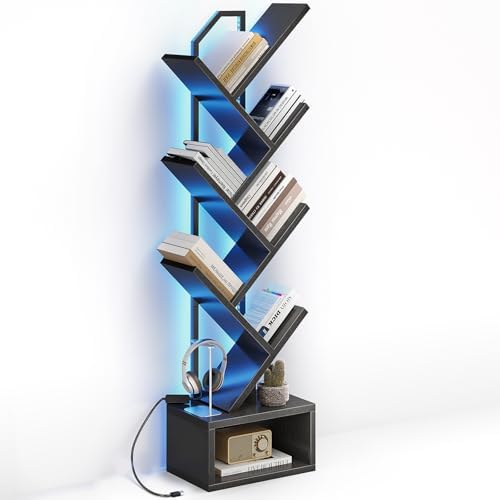 Casaottima Tree Bookshelf with LED Lights, 6-Tier Small Bookshelf, Black